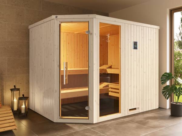 Weka Elementsauna Varberg 4 Trend,weiß, inkl. 9 kW Ofen digitale Steuerung (OS), Ganzglastür und Fenster