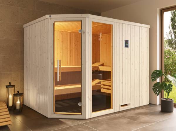 Weka Elementsauna Varberg 4 Trend, weiß, inkl. 9 kW Ofen Kompakt integr. Steuerung, Ganzglastür und Fenster