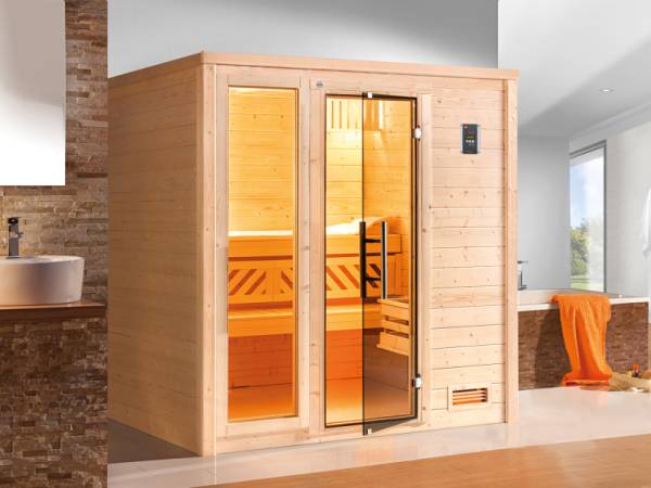 Weka Premium Sauna Bergen 2, inkl. Sparset mit 7,5 kW OS inkl. Steuerung, Ganzglastür und Fenster (GTF) Weka Premium Sauna Bergen 2, inkl. Sparset mit 7,5 kW OS inkl. Steuerung, Ganzglastür und Fenster (GTF)