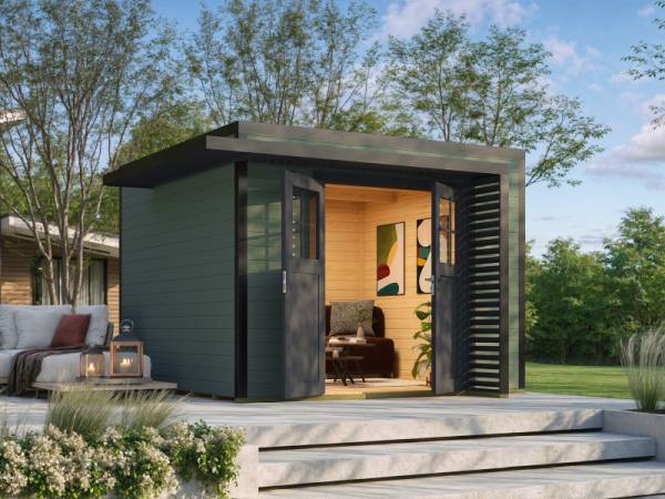 Weka Design-Gartenhaus Pure Garden Amberley 1/3, 28 mm, 300x300 cm, Graugrün/Anthrazit, Massivholz-Doppeltür