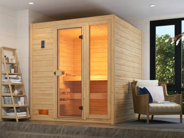 Weka Massivholzsauna Valida 3 GTF, inkl. 7,5 kW Bioofen digitale Steuerng (BioS), Ganzglastür und Fenster