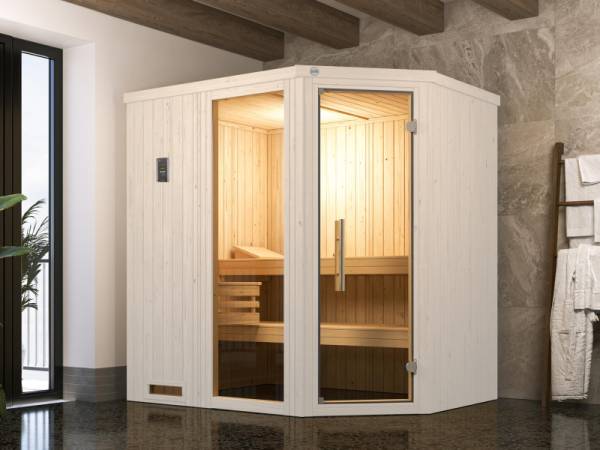 Weka Elementsauna Varberg 1,weiß, inkl. 5,4 kW Ofen Kompakt integr. Steuerung, Ganzglastür und Fenster