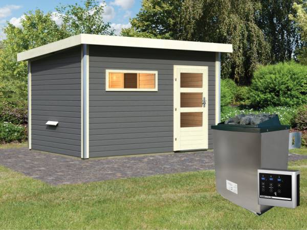 Karibu Saunahaus Farsund mit moderner Tür terragrau im Set 9 kW Ofen ext. Strg., Bankblende