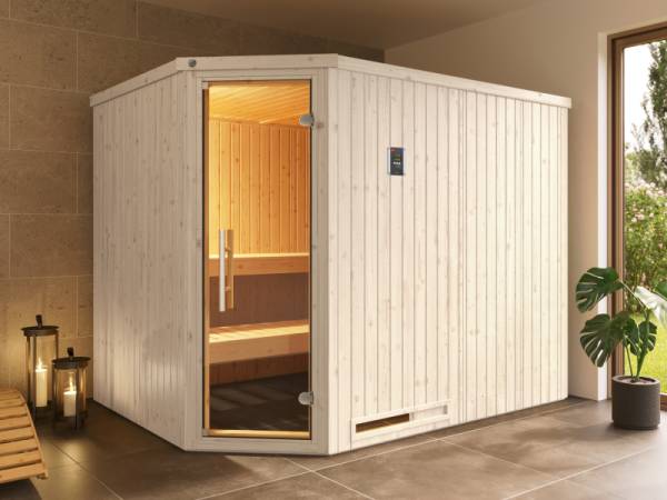 Weka Elementsauna Varberg 4, weiß, inkl. 9 kW Ofen digitale Steuerung (OS), Ganzglastür